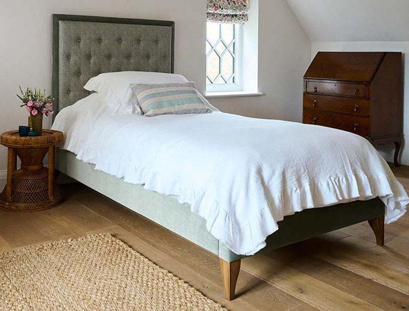 Camden Single Bed in RHS Collection Gertrude Jekyll Lattice Duck Egg and Linwood Omega Velvet Duck Egg